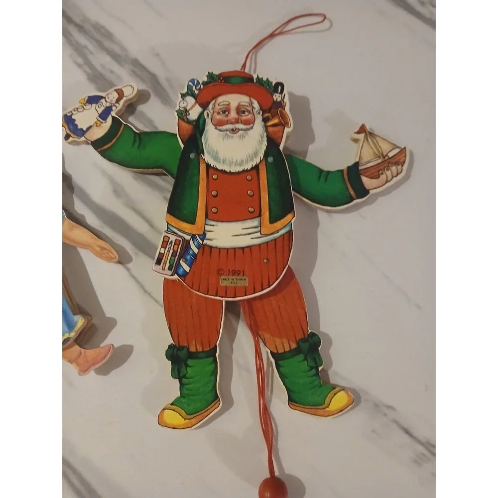 Lot Of 2 Vintage Pull String Puppet Ornaments Santa Little Girl Holiday Toy